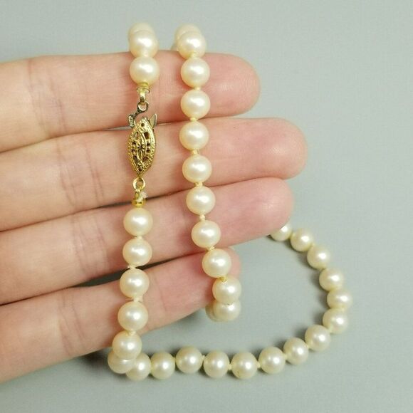 Vintage Faux Pearl Beaded Necklace with Gold Tone Hook Clasp, 16 Inches Long - Picture 1 of 7